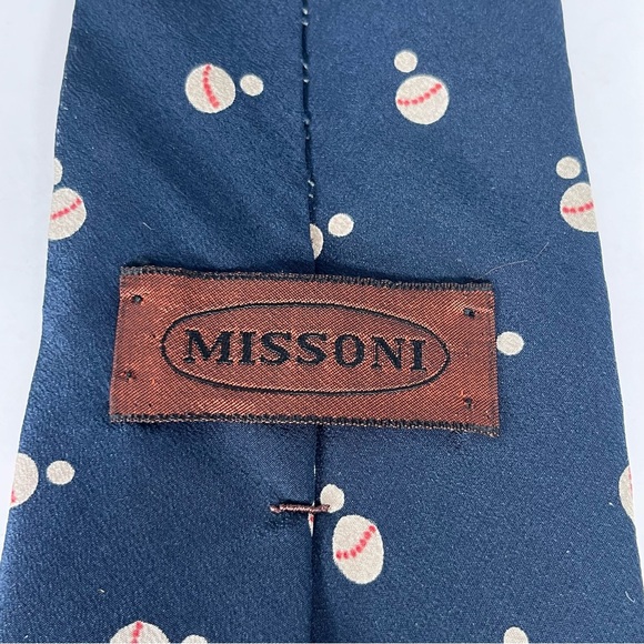 Missoni‎ Vintage Men’s Silk Neck Tie. Navy Blue with White Dots/ Baseballs - Picture 3 of 6